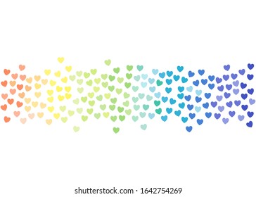 Tiny rainbow hearts are floating on white background. Sweet cute template for postcard, poster,banner and etc.
