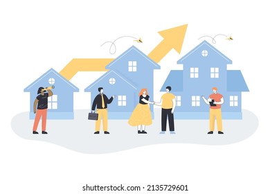 Tiny real estate agents with clients near houses. Line growing upwards behind homes, increasing price of buildings and constructions flat vector illustration. Real estate and property growth concept