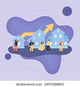 Tiny real estate agents with clients near houses. Line growing upwards behind homes, increasing price of buildings and constructions flat vector illustration. Real estate and property growth concept