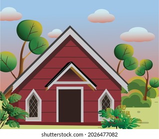 
Tiny red house with garden and tree in countryside