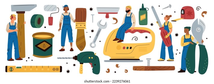 Tiny repair people. Cartoon contractor characters. Building tools. Workers in overalls hold hammer or pliers. Professional team. Screwdriver and wrench. Carpentry work