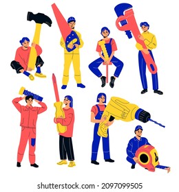 Tiny repair people. Fix breakdowns team, small workers with huge tools, mechanics and contractors characters, men and women with hammer and saw, vector cartoon flat isolated set