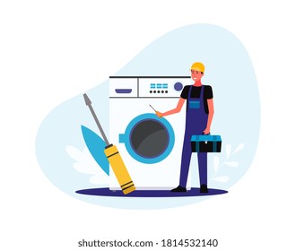 Tiny repairman or home appliances technician male character standing near broken washing machine and giant wrench, flat vector illustration isolated on white background.