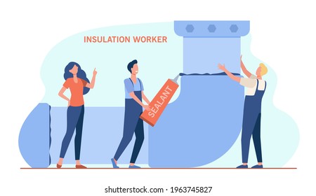 Tiny repairmen doing insulation of tube. Sealant, worker, plumber flat vector illustration. Repair service and maintenance concept for banner, website design or landing web page