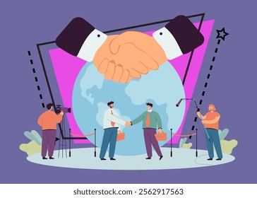 Tiny representatives of foreign embassies shaking hands with planet in background. International meeting and conflict crisis discussion flat vector illustration. Democracy and diplomacy concept