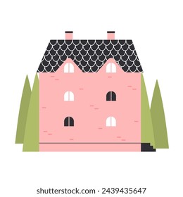 Tiny residential house. Cute village building with windows, front view home cartoon vector illustration