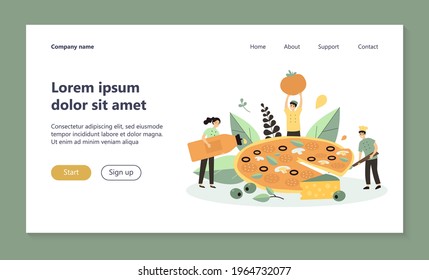 Tiny restaurant chef and team cooking huge tasty pizza with cheese and olives, taking slice, holding bottle of red sauce and tomato. Vector illustration for Italian food, restaurant kitchen concept