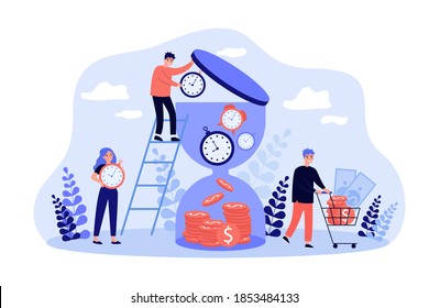 Tiny rich people bringing clocks to hourglass isolated flat vector illustration. Cartoon watches transformed into money. Time management, business and wealth concept