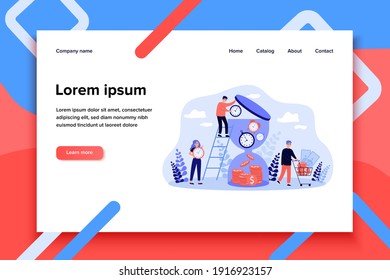 Tiny rich people bringing clocks to hourglass isolated flat vector illustration. Cartoon watches transformed into money. Time management, business and wealth concept