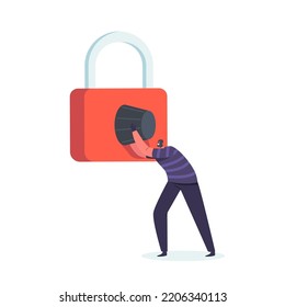 Tiny Robber in Mask Destroying Huge Safe Padlock. Robbery, Cyber Crime, Hacker Attack Concept. Hacker or Intruder Male Character Attack Lock or Personal Information. Cartoon Vector Illustration