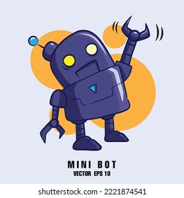 tiny robot raise hand with smile, mini robotic character vector llustration.