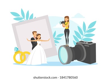 Tiny Romantic Newlyweds Standing Together and Posing for Photographer Shooting Them, Wedding Photo Shoot Flat Vector Illustration