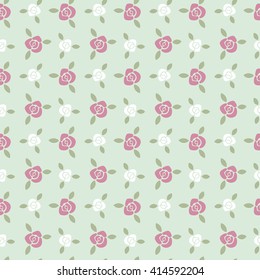 Tiny roses with leaves vector seamless pattern. Simple floral background. Flat design red and white roses texture. 