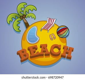 A tiny round beach with palm tree, pool, beach ball bed and sandals