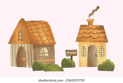 tiny rural houses watercolor illustration