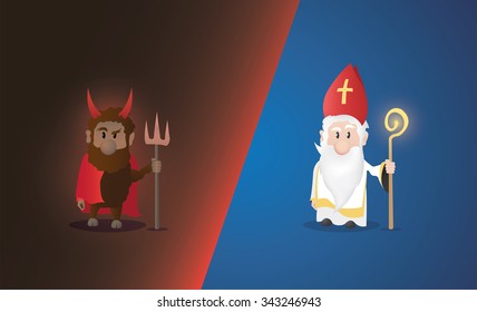 Tiny Saint Nicholas, Nicolaus, Nikolaus with shining staff. Nicolaus and devil characters.