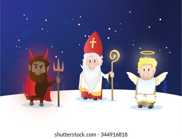 Tiny Saint Nicholas, Nicolaus, Nikolaus with shining staff. Nicolaus, angel and devil characters.