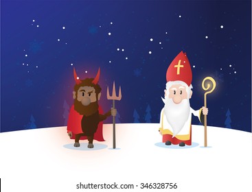 Tiny Saint Nicholas, Nicolaus, Nikolaus with shining staff. Nicolaus and devil characters on winter background.