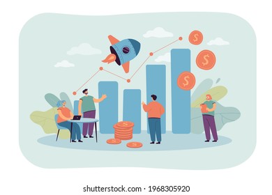 Tiny sales managers looking at growth chart flat vector illustration. Cartoon creative employees launching sales promotion or startup. Business and finance operations concept