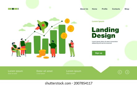 Tiny sales managers looking at growth chart flat vector illustration. Cartoon creative employees launching sales promotion or startup. Business and finance operations concept