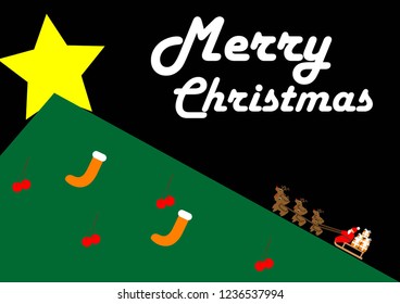 Tiny santa claus riding on the top of christmas tree with black background