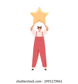 Tiny satisfied client giving feedback, holding golden star. Good rating, service assessment and positive customer experience concept. Colored flat vector illustration isolated on white background