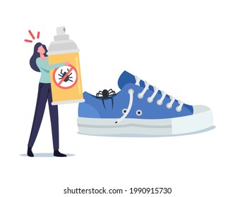 Tiny Scared Woman with Spray against Pests near Huge Sneaker with Creepy Spider inside. Girl Afraid of Insects. Female Character Suffering from Arachnophobia Panic. Cartoon People Vector Illustration