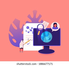 Tiny Scientist Character Stand at Huge Scientific Work Writing Report near Computer with Earth Globe. Doctor Conduct Research, Medicine Test, Investigation Working. Cartoon People Vector Illustration