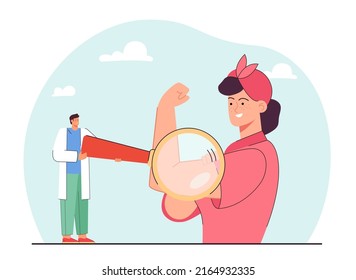 Tiny scientist examining bicep of huge woman with magnifier. Strong female character showing muscles flat vector illustration. Empowerment, girl power, feminism concept for banner or landing page