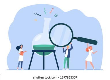 Tiny scientist examining solution in flask. Magnifier, glass, lab flat vector illustration. Medical research and science concept for banner, website design or landing web page