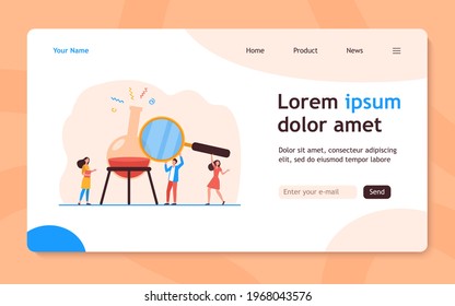 Tiny scientist examining solution in flask. Magnifier, glass, lab flat vector illustration. Medical research and science concept for banner, website design or landing web page