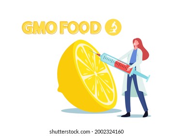 Tiny Scientist Female Character Injiziert Flüssigkeit zur DNA-Modifizierung in Huge Lemon im Scientific Laboratory. Genetisch verändertes Ernährungs- und Landwirtschaftsexperiment. Vektorgrafik von Cartoon People