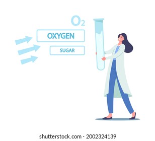 Tiny Scientist Female Character in Lab Looking on Huge Glass Flask Learning Photosynthesis Process. Sunlight Changing into Chemical Energy, Sugar, Oxygen and O2 Elements. Cartoon Vector Illustration