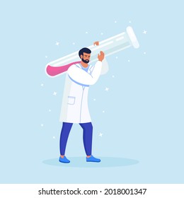 Tiny scientist with huge test tube. Chemical laboratory research. Pharmacist working on antiviral treatment development. Medicine, pharmacy concept. Vector illustration