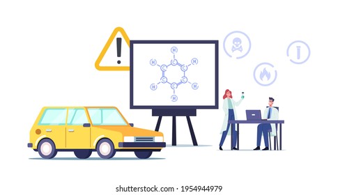 Tiny Scientists Characters in Laboratory near Huge Screen with Benzene Ring Hydrocarbon Formula C6H6. Petroleum for Refueling Automobile. Biochemistry Science. Cartoon People Vector Illustration