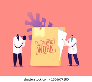Tiny Scientists Characters Stand at Huge Scientific Work Folder Writing in Clipboard. Doctors Conduct Laboratory Research, Medicine Testing, Investigation Working. Cartoon People Vector Illustration