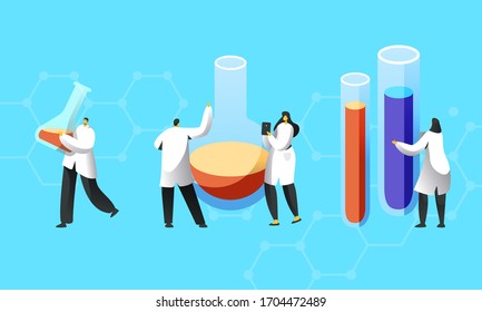 Tiny Scientists Characters in White Coats Conduct Experiments in Science Laboratory. Male and Female Researchers with Test Tubes in Chemical Lab Scientific Research. Cartoon Vector People Illustration