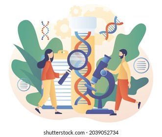 Tiny scientists investigating, diagnosis and testing DNA with microscope in laboratory. Genetic DNA Science. Lab equipment. Modern flat cartoon style. Vector illustration on white background