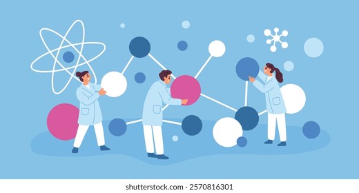 Tiny scientists move molecules. Physicists and chemists conducting experiment. Laboratory research. New formulas. Genetic lab. Scientific discovery. People with atoms