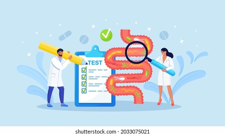 Tiny scientists studying gastrointestinal tract and digestive system. Doctors doing analysis of gut flora microorganisms. Gastroenterologist inspect bowel or intestine canal problems. Vector design