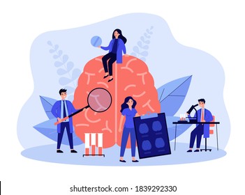 Tiny Scientists Studying Human Brain In Lab Flat Vector Illustration. Cartoon Medical Doctors Testing Memory. Psychology, Science And Laboratory Experiment Concept