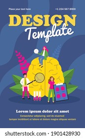 Tiny scientists studying human brain in lab flat vector illustration. Cartoon medical doctors testing memory. Psychology, science and laboratory experiment concept