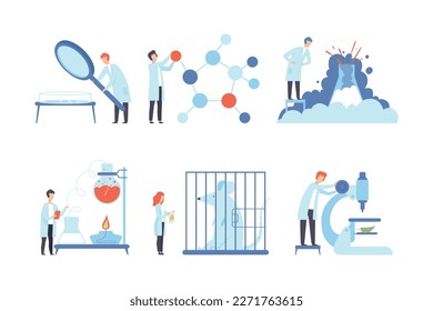 Tiny scientists working in laboratory set. Researcher characters doing researches in chemistry and medicine flat vector illustration