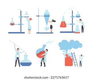 Tiny scientists working in laboratory set. Researcher characters working with lab scientific equipment flat vector illustration