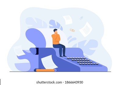 Tiny screenwriter sitting on retro typewriter, thinking screenplay while paper drafts flying around author. Vector illustration for creative job, book or story writing concept