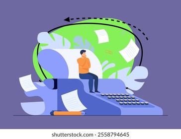 Tiny screenwriter sitting on retro typewriter, thinking screenplay while paper drafts flying around author. Vector illustration for creative job, book or story writing concept