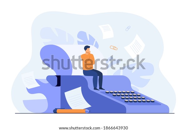 Tiny screenwriter
sitting on retro typewriter, thinking screenplay while paper drafts
flying around author. Vector illustration for creative job, book or
story writing concept