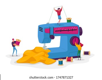 Tiny Sewer Characters in Process of Garment Creation, Dressmakers Seamstress Work at Sewing Machine in Atelier or Fabric Factory, Industrial Textile Manufacturing. Cartoon People Vector Illustration