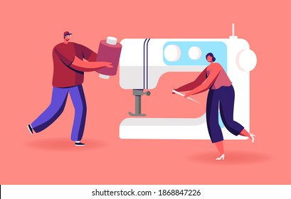 Tiny Sewers Garment Repair or Creation on Huge Sewing Machine. Characters Textile Clothing Manufacturing, Fashion Design Concept. Dressmaker Seamstress Atelier Work. Cartoon People Vector Illustration