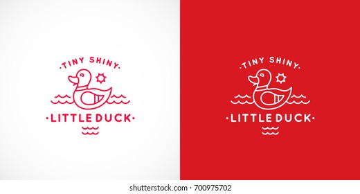 Tiny Shiny Swimming Duck Abstract Vector Sign, Emblem or Logo Template. Line Style Cute Illustration with Typography. Isolated Version and on Red Background.